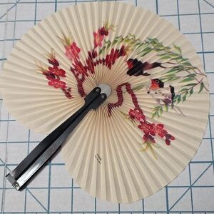 Chinese Paper Folding Hand Fan W/Metal Handle, Vintage Mid-Century, 40